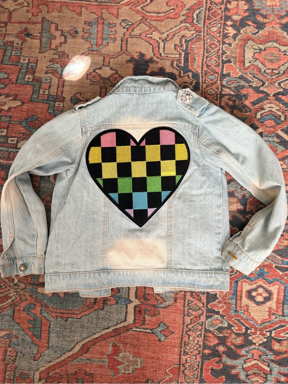 Lola + The Boys Light Wash Denim Jacket with Rainbow Checkered Heart Patch